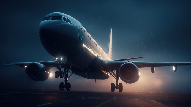 
Large passenger airplane landing at international airport at evening with fog
