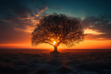 Sunset or sunrise with tree silhouette. Ai generated