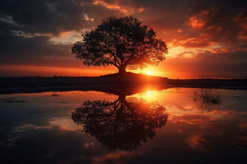 Fototapeta na wymiar Sunset or sunrise with tree silhouette and lake or water. Ai generated