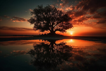Sunset or sunrise with tree silhouette and lake or water. Ai generated