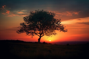 Naklejka na ściany i meble Sunset or sunrise with tree silhouette. Ai generated