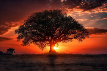Fototapeta na wymiar Sunset or sunrise with tree silhouette. Ai generated