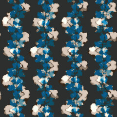 Black, Blue and Ecru Stained Watercolor Textured Floral Pattern