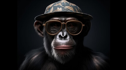 Chimpanzee monkey in a hat and sunglasses on a dark background.generative ai