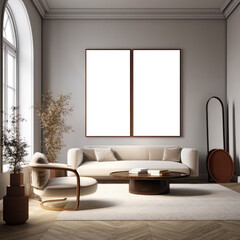 realistic mock up panorama picture frame in rustic house, Generative Ai