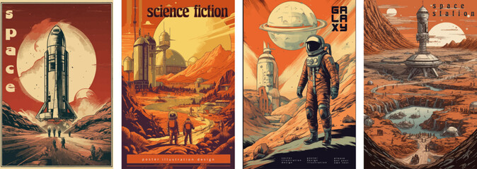 Retro science fiction, a space exploration scene on Mars and astronaut illustration poster set. - obrazy, fototapety, plakaty