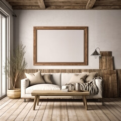 realistic mock up panorama picture frame in rustic house, Generative Ai