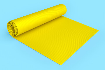 Yellow yoga mat or lightweight foam camping bed roll pad isolated on blue .
