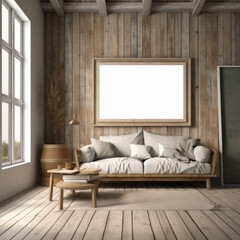 realistic mock up panorama picture frame in rustic house, Generative Ai