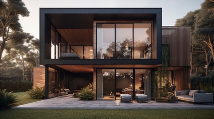 Modern two-storey house with a flat roof and large windows - obrazy, fototapety, plakaty