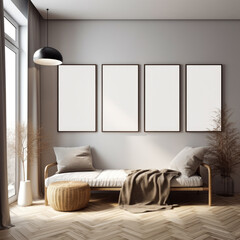 white empty poster frame, white empty poster frame on the wall of living room. Luxurious apartment background with contemporary design. Modern interior design. scandinavian interior, Generative AI