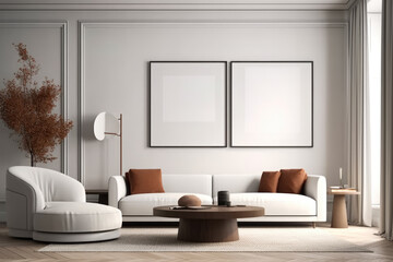 Interior of modern living room with white walls, wooden floor, beige sofa standing near round coffee table and vertical mock up poster frame. generated AI