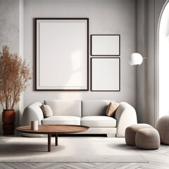 white empty poster frame, white empty poster frame on the wall of living room. Luxurious apartment background with contemporary design. Modern interior design. scandinavian interior, Generative AI