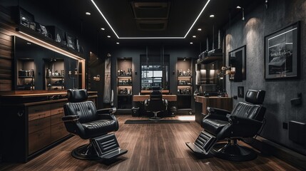 Modern barbershop interior, mens space. AI generated