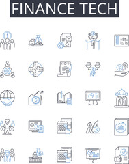 Finance tech line icons collection. Legal aid, Creative arts, Digital marketing, Behavioral science, Medical field, Social media, Business analytics vector and linear illustration. Environmental