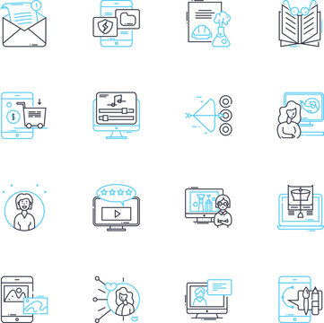 Vlogger linear icons set. Lifestyle, Travel, Beauty, Adventure, Foodie, Fitness, Motivation line vector and concept signs. Education,Entertainment,Comedy outline illustrations