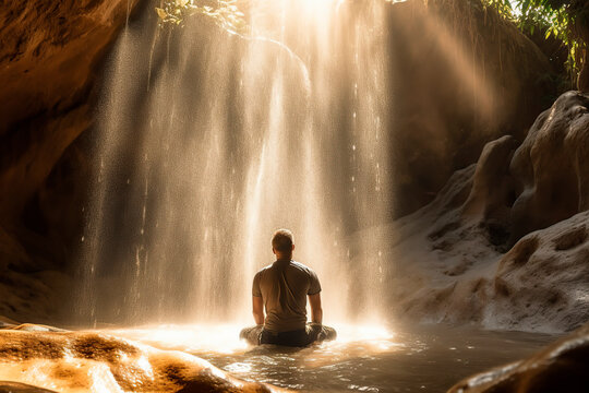 A man relaxes and meditates near a waterfall under falling sunbeams
