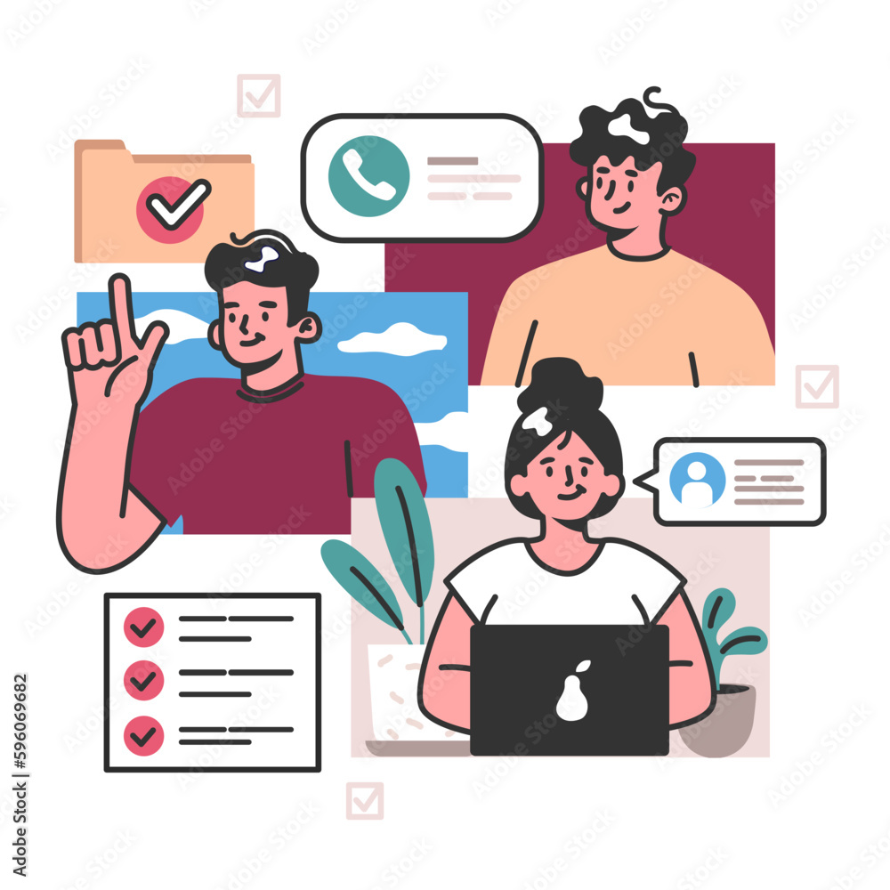 Poster hybrid work. characters with a flexible schedule, working from different