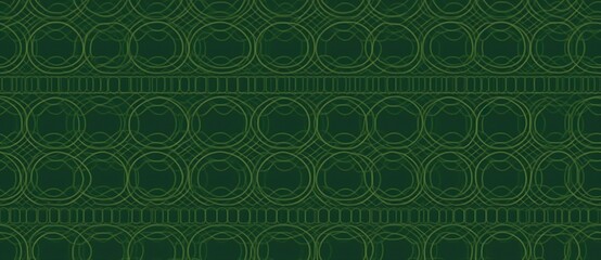 Geometric pattern in shades of green with intricate overlapping circles and squares, perfect for use as a background or wallpaper. 