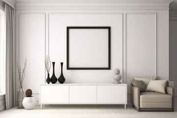 Fototapeta na wymiar realistic mock up panorama picture frame in white contemporary house, Generative Ai