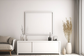 realistic mock up panorama picture frame in white contemporary house, Generative Ai