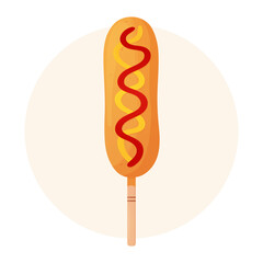 Corn dog with ketchup and mustard. Sausage in dough on a stick. American or Korean street food. Fastfood concept. Detailed flat illustration.