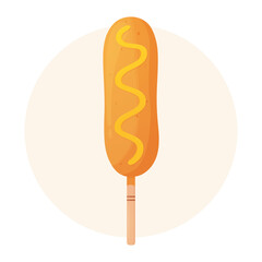 Corn dog with mustard. Fastfood concept. Sausage in dough on a stick. American or Korean street food. Detailed flat illustration.