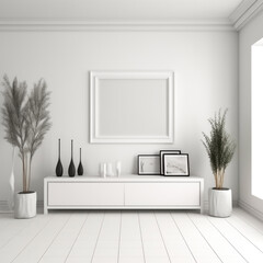 realistic mockup panorama picture frame in white contemporary house, Generative Ai