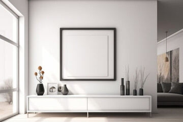 realistic mock up panorama picture frame in white contemporary house, Generative Ai