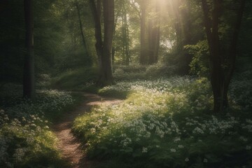 Light in European woods w/ trail & flowers. Generative AI
