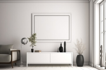 Fototapeta na wymiar realistic mock up panorama picture frame in white contemporary house, Generative Ai