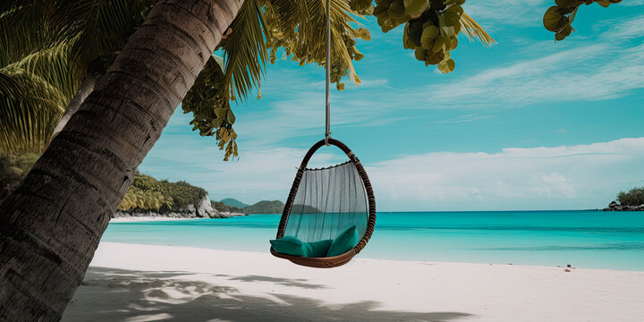A tree swing chair on a palm tree with the turquoise beach on the back ground