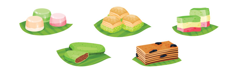 Arabic Sweets Served on Green Leaf Vector Set