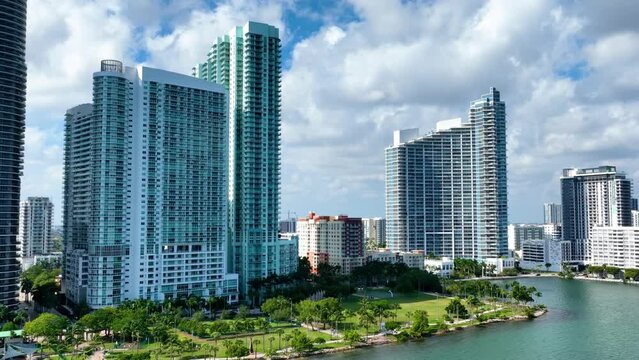 Aerial shot of the tall buildings along the ocean in downtown Miami Florida