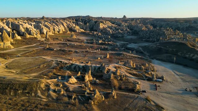 Drone - Cappadocia, Turkey - 2023 - Sunset valley - flying back to reveal mountain and scenary