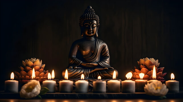 Buddha statue in meditation with lotus flower and burning candles.