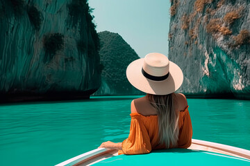 A woman wearing a swimming suit and a straw hat, Sit on the front edge of a boat, with island, cliff and turquoise sea on the background. Generative AI