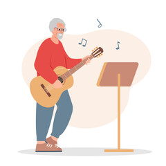 Elderly man musician playing guitar. Senior people active lifestyle and creative hobby concept. Vector cartoon or flat illustration.