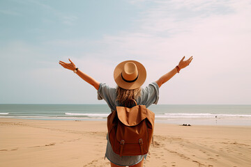a woman with arms up and wearing a traveller backpack and a straw hat on the beach - obrazy, fototapety, plakaty