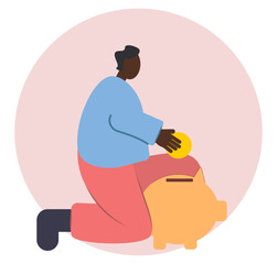 A black guy throws a coin into a piggy bank. Economy and finance. Vector illustration for banks, banners, posters. Financially literate black guy.