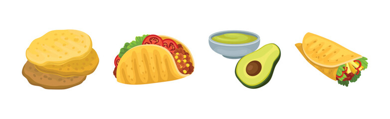 Mexican Dish and Meal as Traditional Cuisine Vector Set
