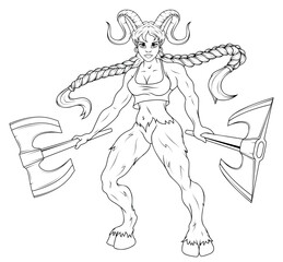Satyr girl with huge horns. Vector illustration of a sketch taurus woman with labrys