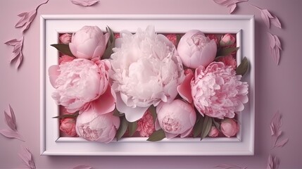 Pink peony arrangement in white frame. Still life from peonies. Romantic abstract background, exclusive wallpaper floral pattern. Generative AI.