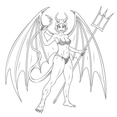 Succubus girl. Vector illustration of a sketch devil girl with huge wings and pitchfork. Devil demon