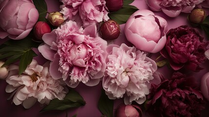Romantic abstract background, exclusive wallpaper floral pattern. Unique festive pink peony. Still life from peonies. Generative AI.
