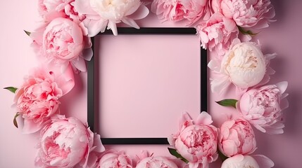 Charm of gorgeous blossom peonies in pink color tones, wonderfull floral abstract background, wallpaper texture. Pink peony with frame arrangement. Generative AI. 