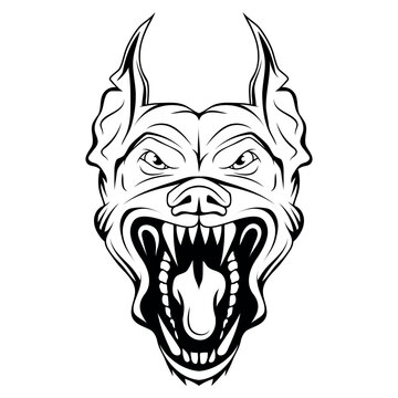An evil dog. Vector illustration of a sketch pet Animal. Barking dog bares his teeth and growls