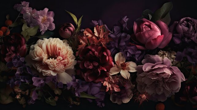 Charm of gorgeous blossom flowers in magenta and burgundy color tones, wonderfull floral abstract background, wallpaper texture. Generative AI. © Dannchez