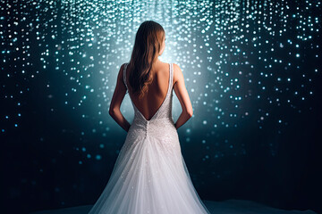 Dride from behind in wedding dress woman, bright glitter background. Generative AI