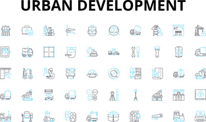Urban development linear icons set. Gentrification, Redevelopment, Density, Infrastructure, Zoning, Sprawl, Revitalization vector symbols and line concept signs. Sustainability,Commuting,Neighborhoods